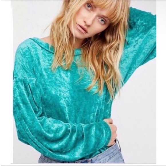 Free People Tops - We the Free Milan sweater teal crushed velvet pullover oversized dolman sleeve